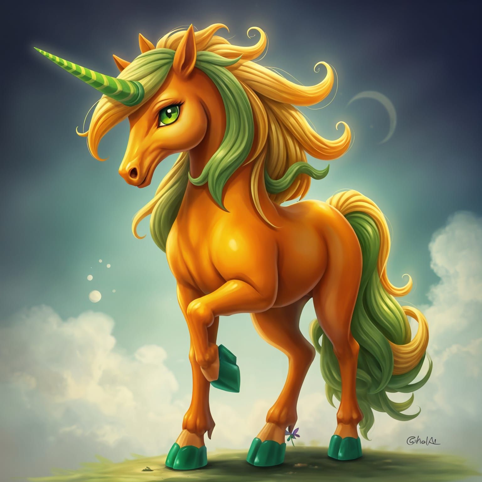 Vibrant Orange Unicorn in Emerald Hues