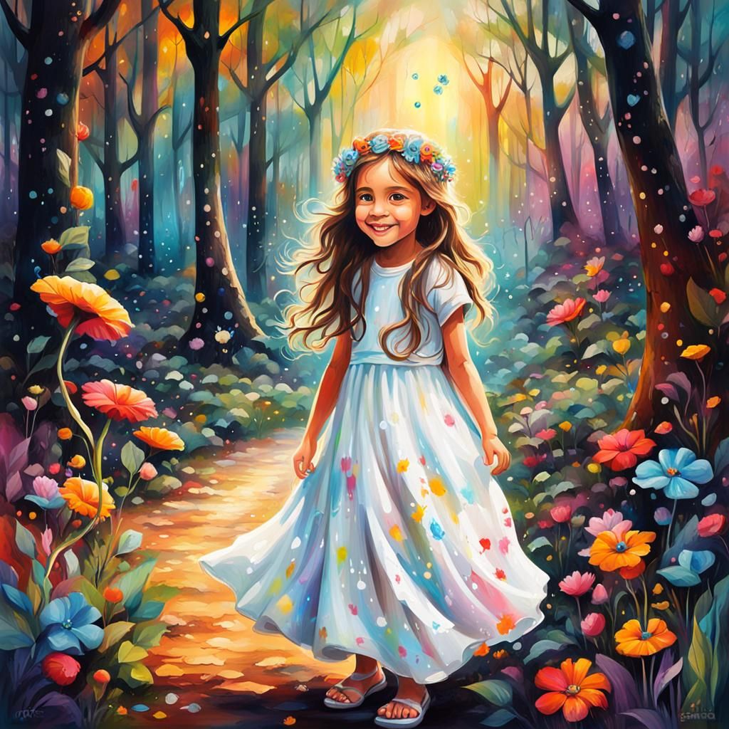 Smiling Girl in Magical Forest: Detailed Colorful Illustrati...