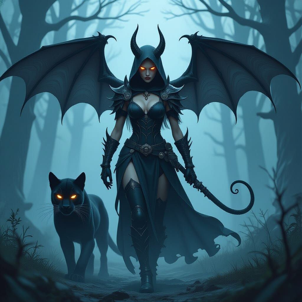 Demonic Huntress and Panther in Haunted Forest