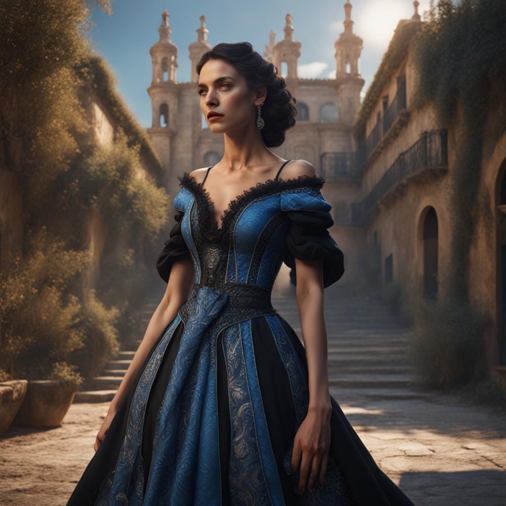 Spanish Woman in Black and Blue Dress