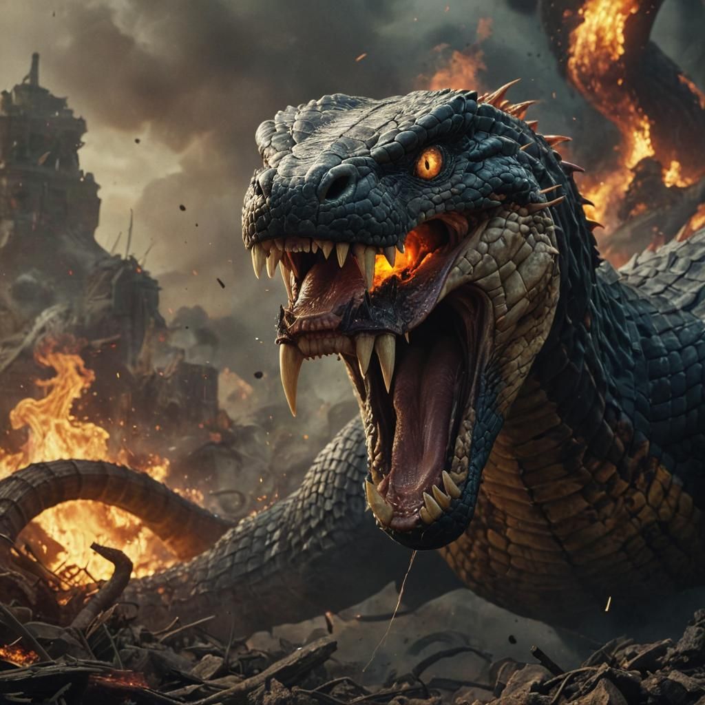 Enraged Cobra on Burning Battlefield in Digital Art