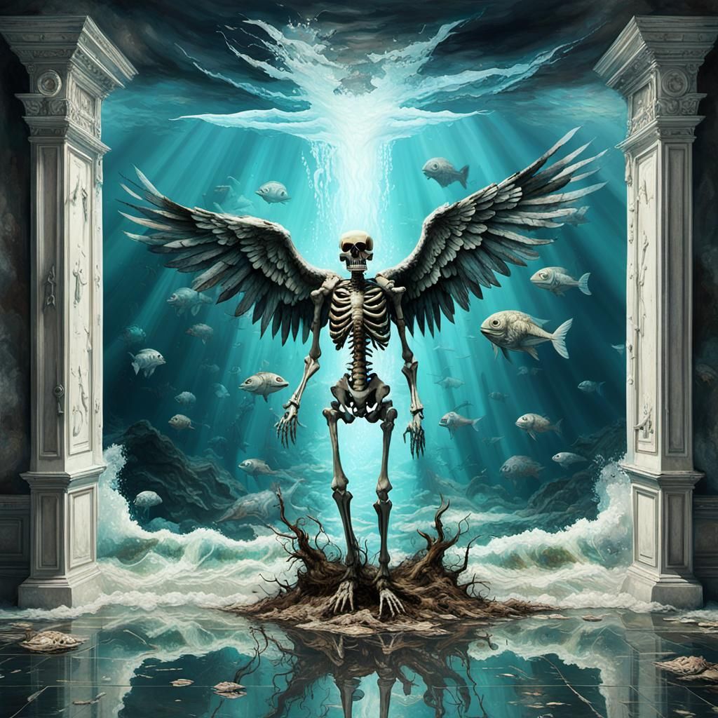 Gothic Skeleton Angel in Dystopian Glitchcore Scene