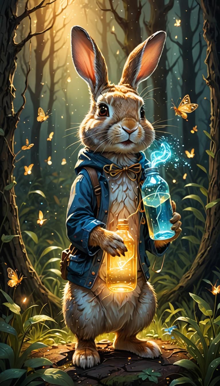 Rabbit Alchemist in Mystical Forest Illustration