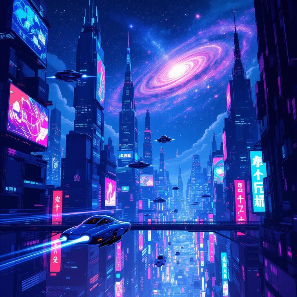 Futuristic Neon Cityscape with Flying Cars in Cyberpunk Anim...