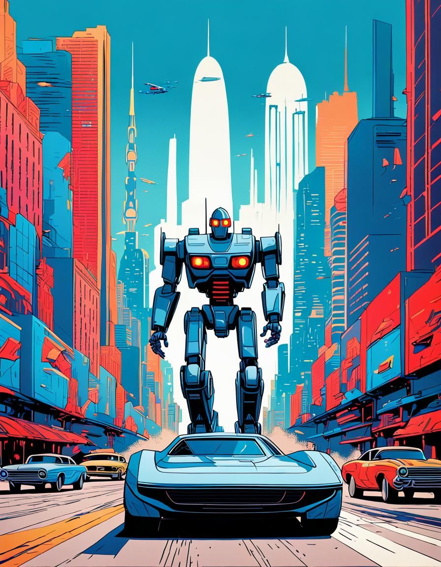 Giant Robot Runs Through Future City, Pop Art Style