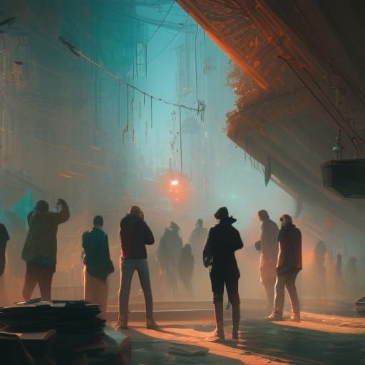 Crowd Around Clock: Dynamic Digital Concept Art