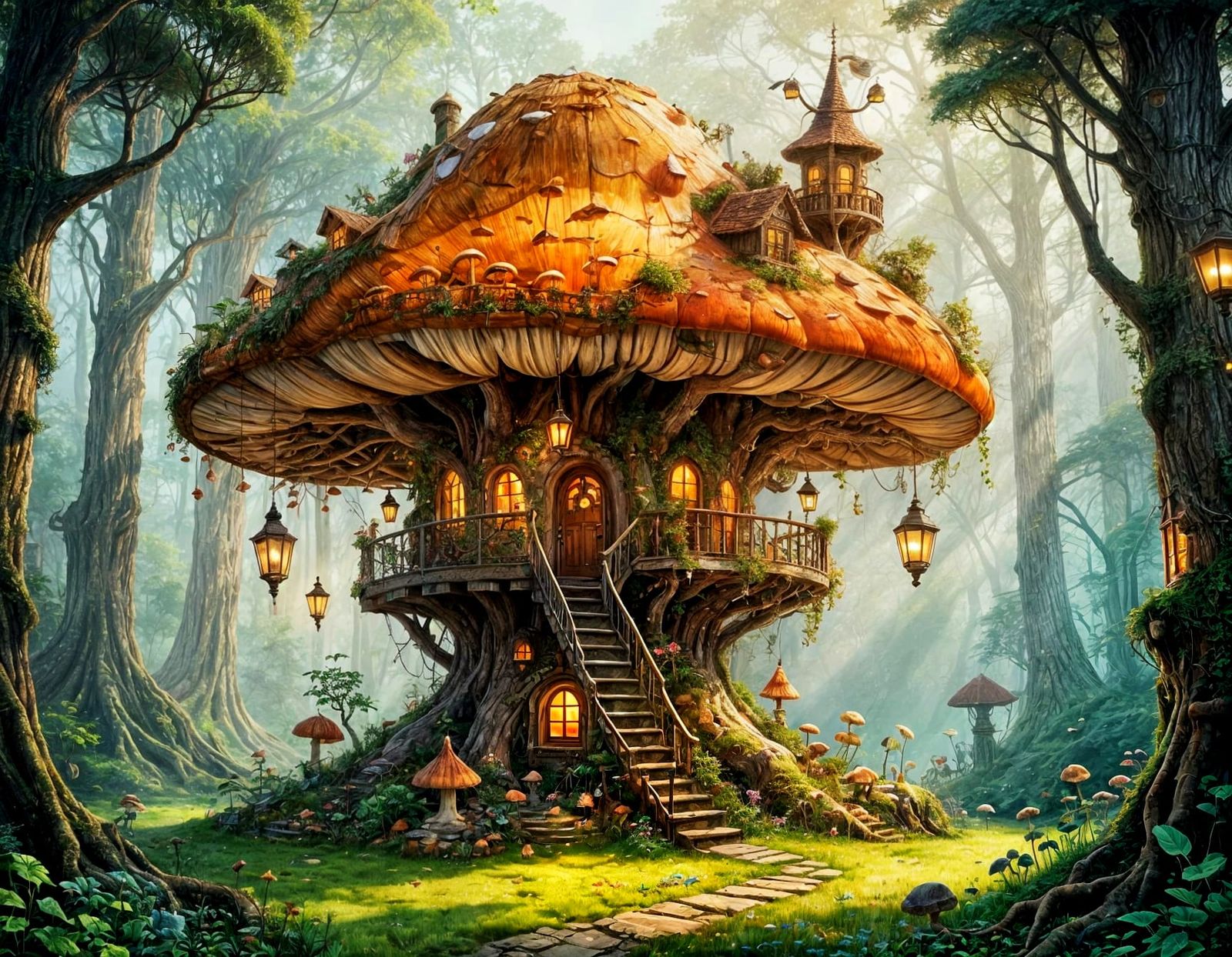 Whimsical Mushroom Treehouse with Lanterns in Enchanted Fore...
