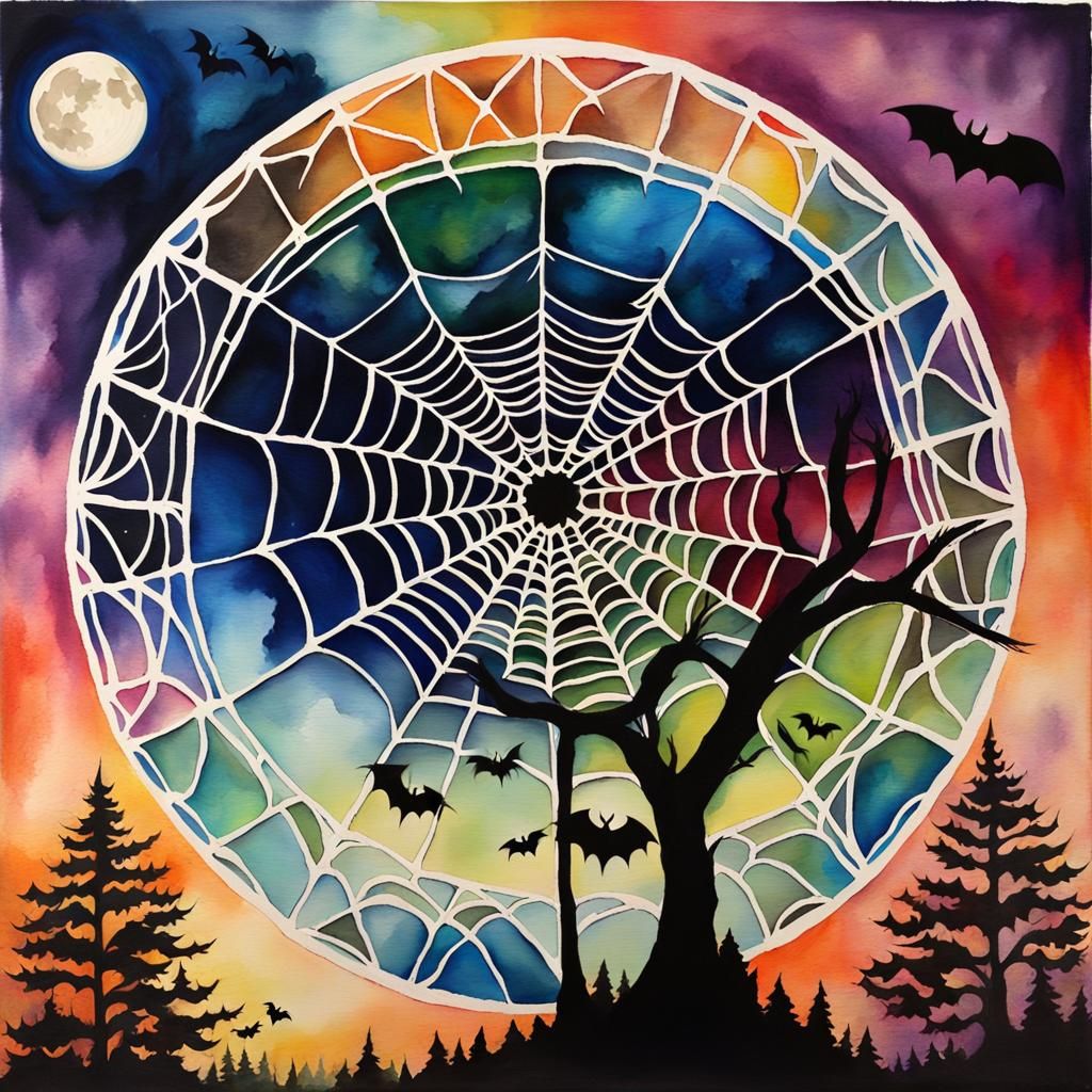 Rainbow Spiderweb Mandala with Bats in Watercolor
