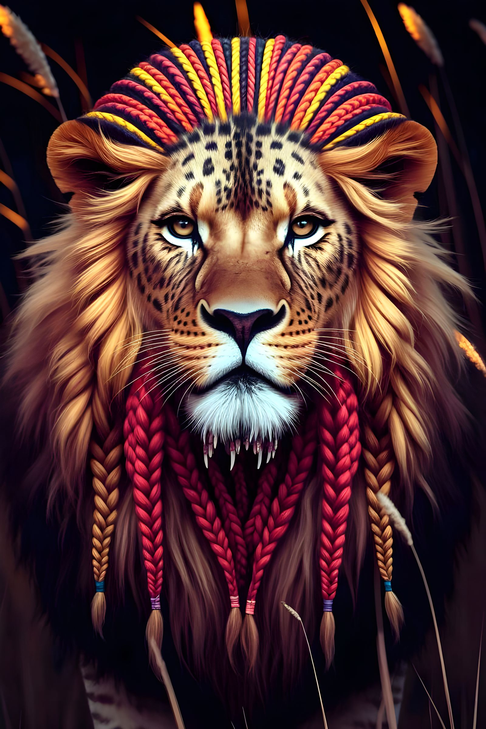 Lion with Braids and Animal Teeth Beard