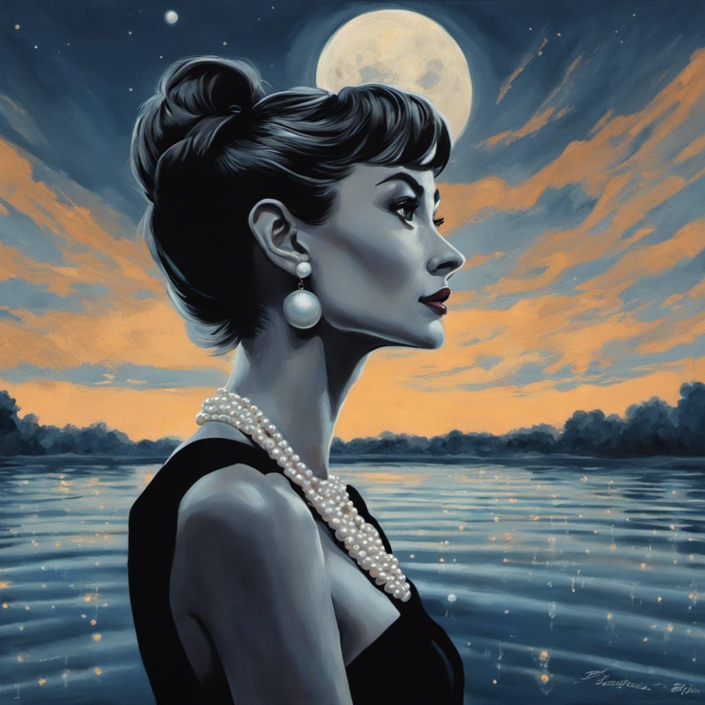 Audrey Hepburn and Moonlit River: Hyperrealistic Concept Art