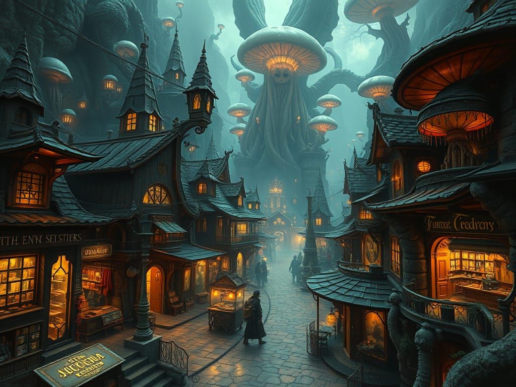 Ancient Hyperdetailed Yuggoth Village in Vibrant Noon Light