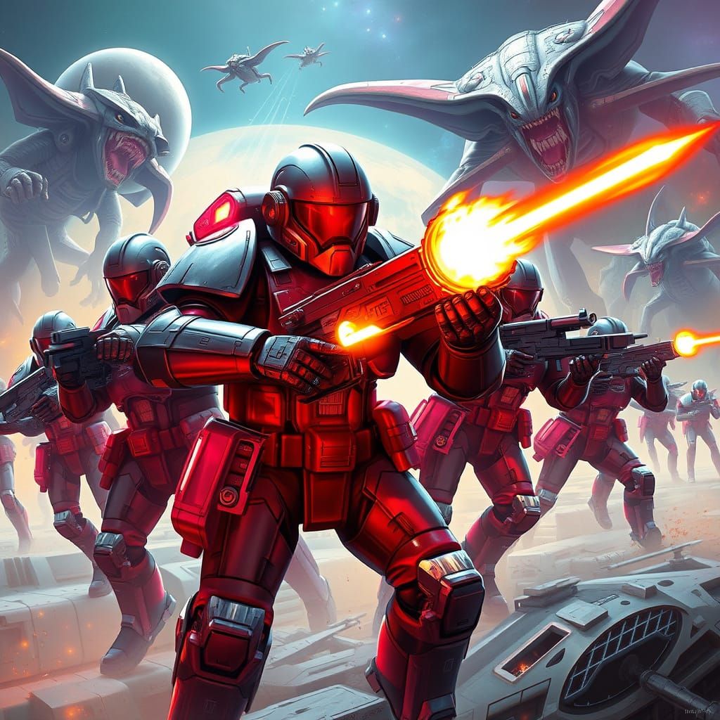 Space Marines Battle Aliens in Neon Sci-Fi Landscape