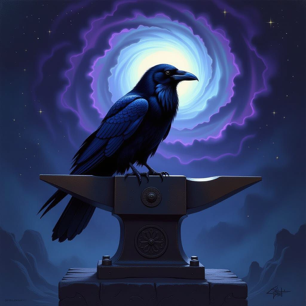 Ethereal Raven on Anvil: Dark Fantasy Oil Painting