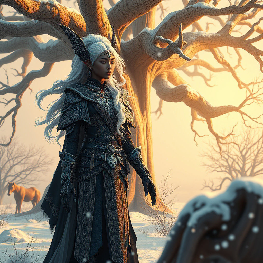 Woman Elf in Snowy Savannah, Digital Matte Painting