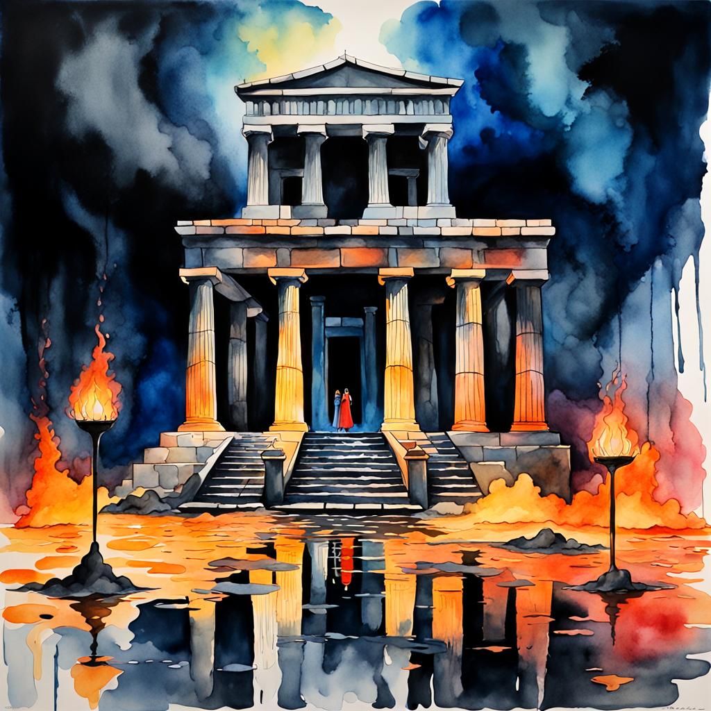 Vibrant Watercolor of Greek Underworld Temple