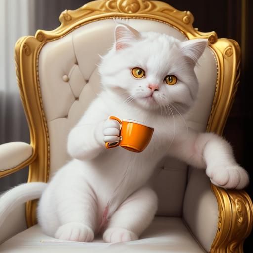 Scottish Fold Cat Drinks Coffee on Golden Chair