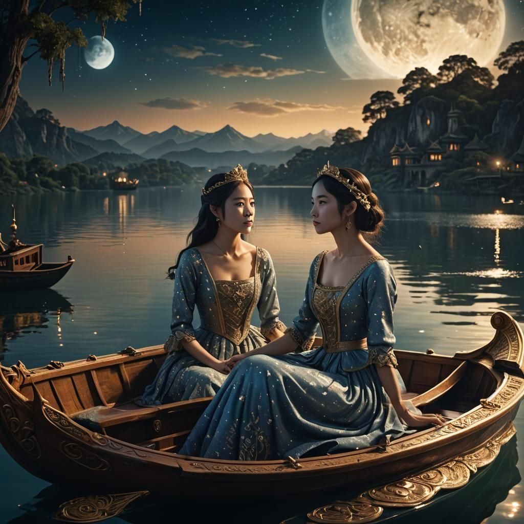 Lady in Royal Boat Under Sparkling Starry Sky
