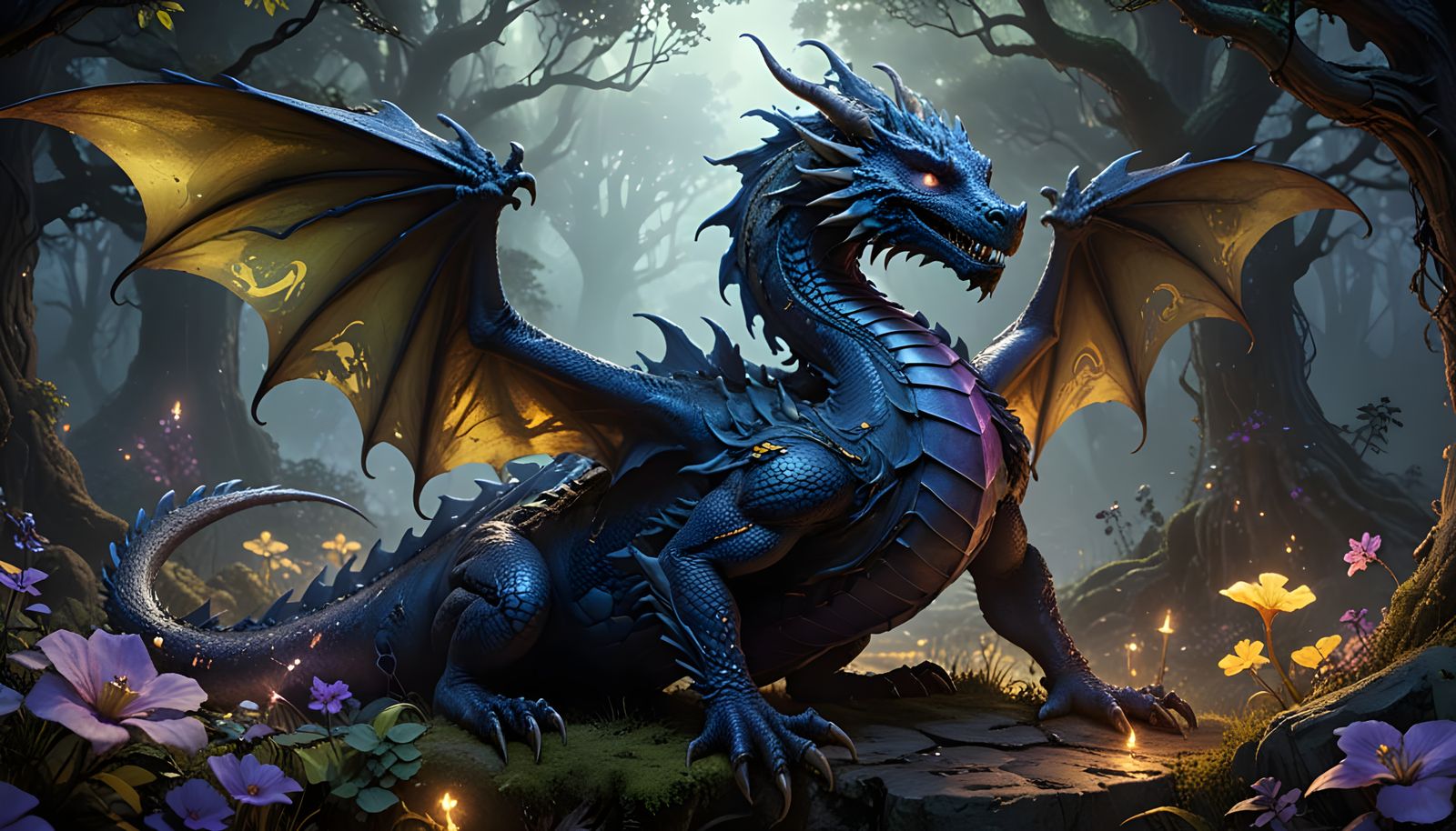 Majestic Black Dragon in Vibrant Floral Landscape