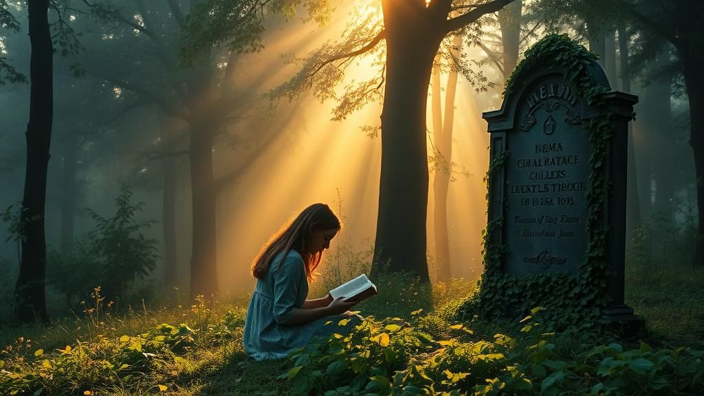 A serene scene of a young woman sitting in a misty forest by...