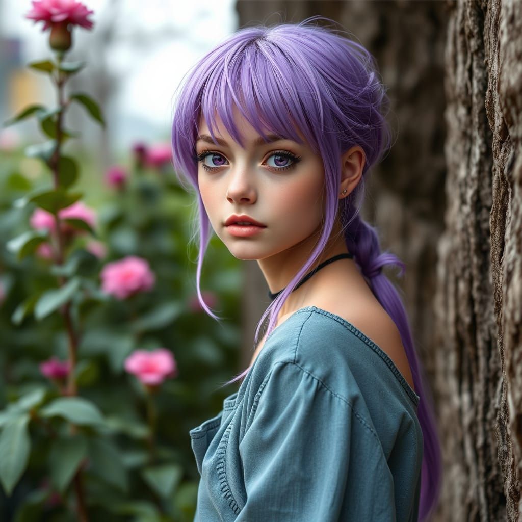 she is the on with violet hair and pink eyes her voice of an...