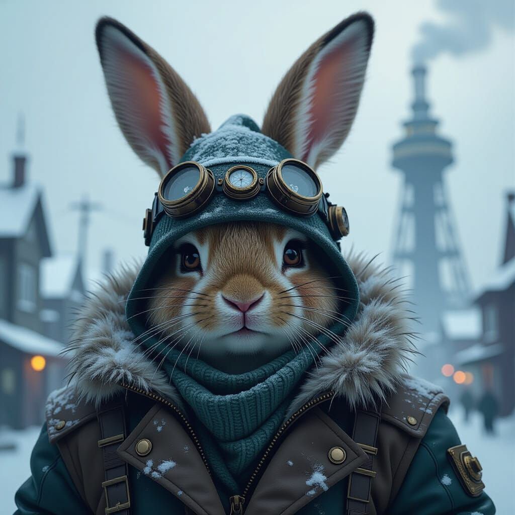 Steampunk Bunny in Blizzard, Frostpunk Style Artwork
