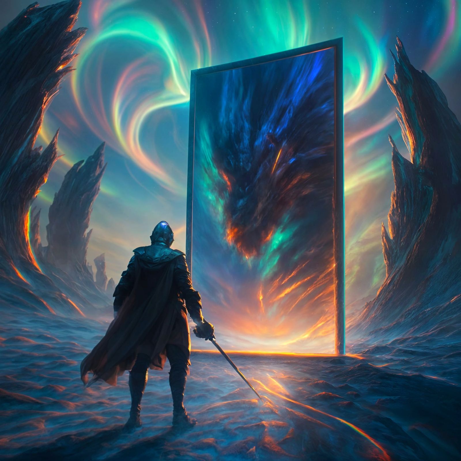 Knight and Dragon Reflection Under Aurora Sky