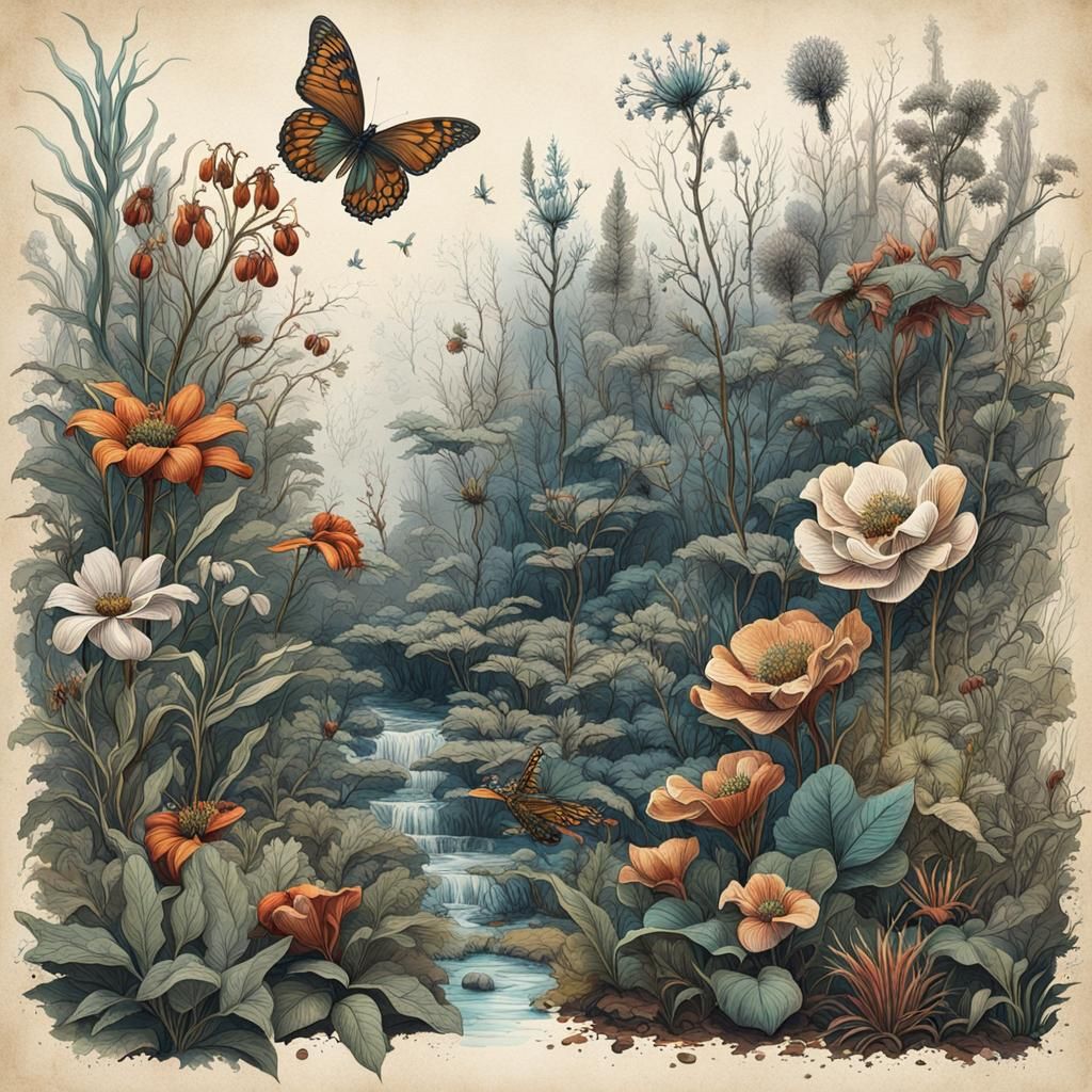 Botanical Ink Drawings in Vintage Album Layout