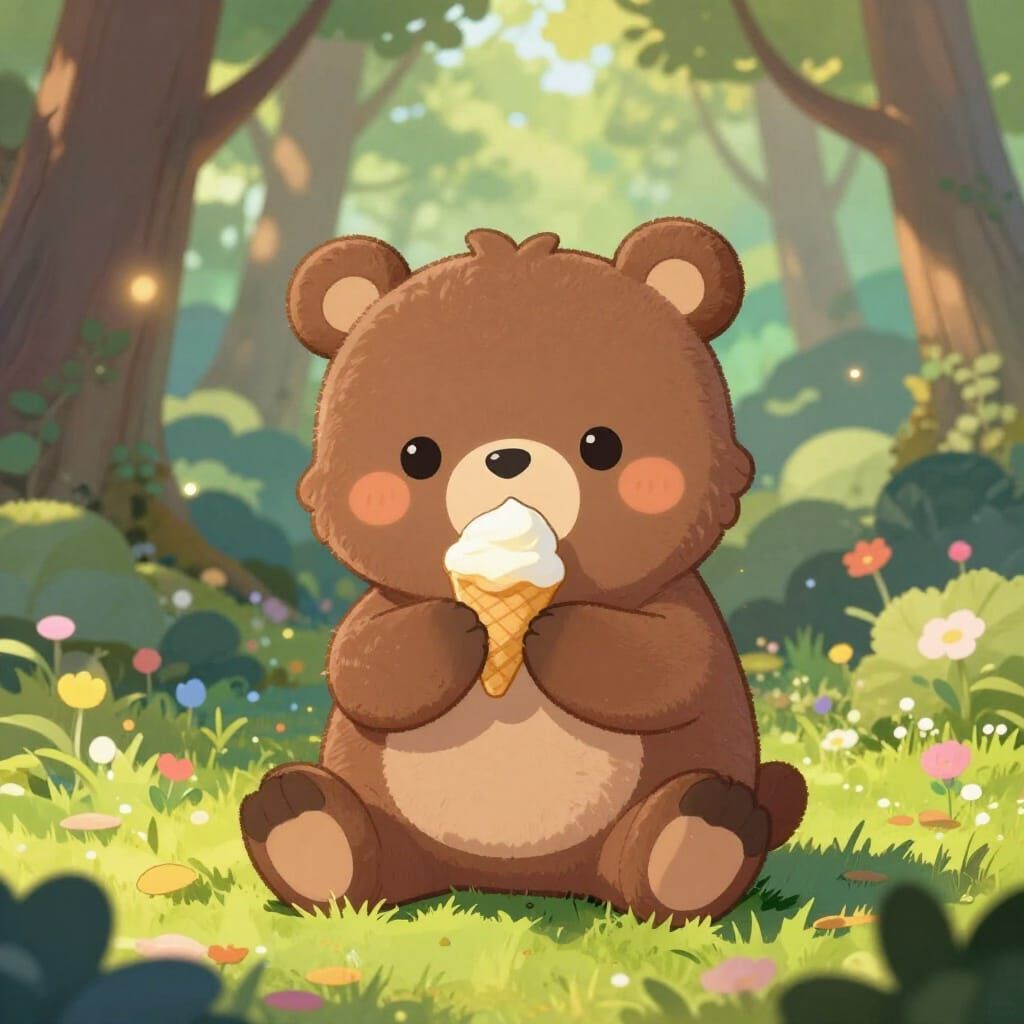 Ultra Kawaii Baby Bear Eats Realistic Ice Cream in Enchanted...