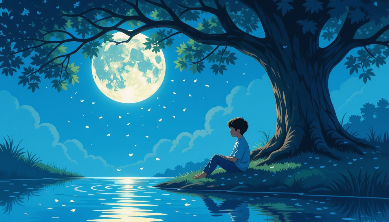 Boy Touches Moonlit Pond Under Oak Tree with Falling Petals