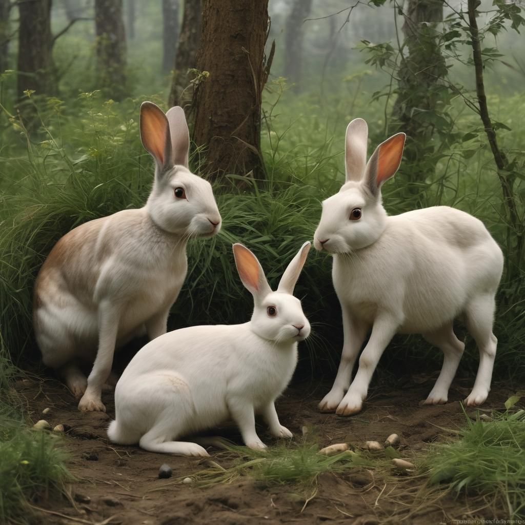 Rabbits Exchange Souls in Surrealist Landscape