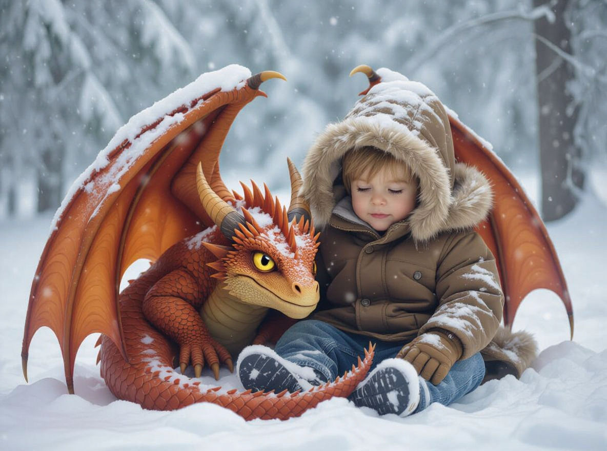 Dragon Shelters Toddler from Blizzard in Snowy Forest