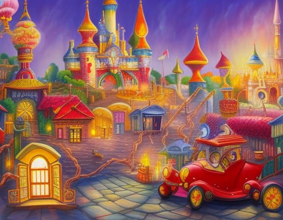 Vibrant Toyland City in Magic Realism Style