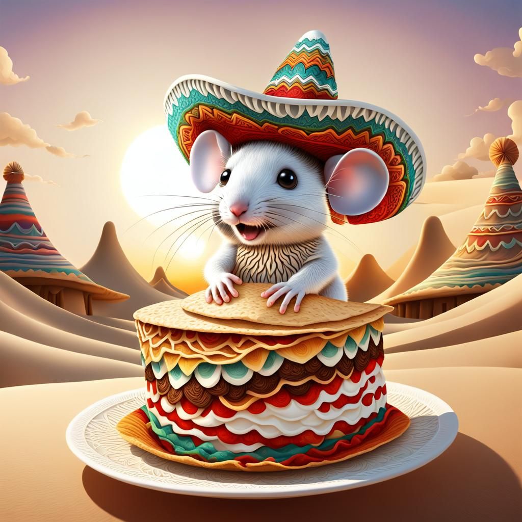 Cute Mouse with Sombrero Eating Tortilla