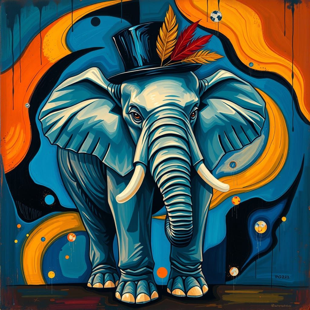 Cubist Elephant in Black Top Hat, Joyful Serendipity