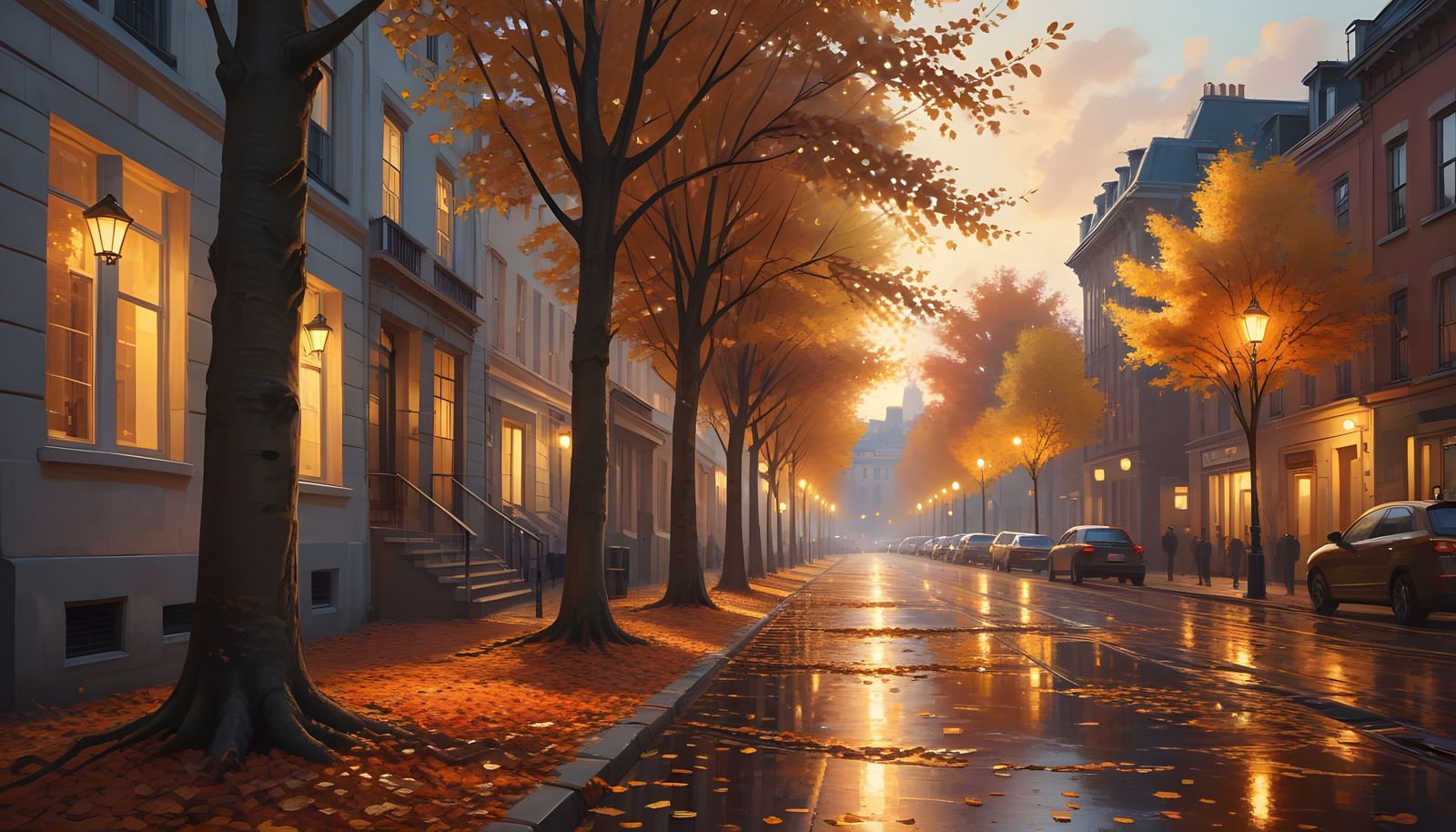 Vibrant Autumn Transition: Falling Leaves in Golden Light