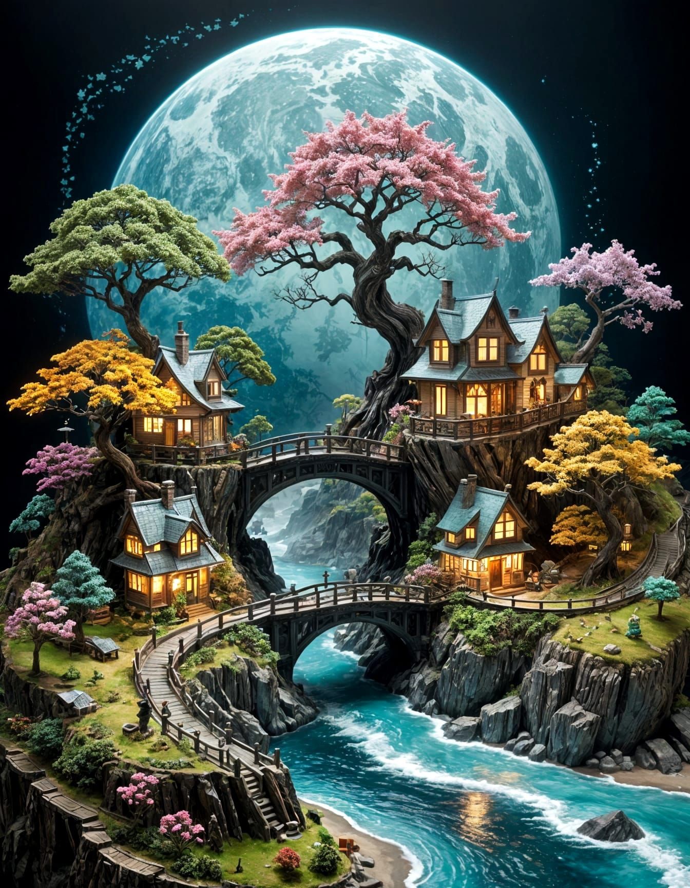 Elaborate Model Train Set in Sumi-e Style