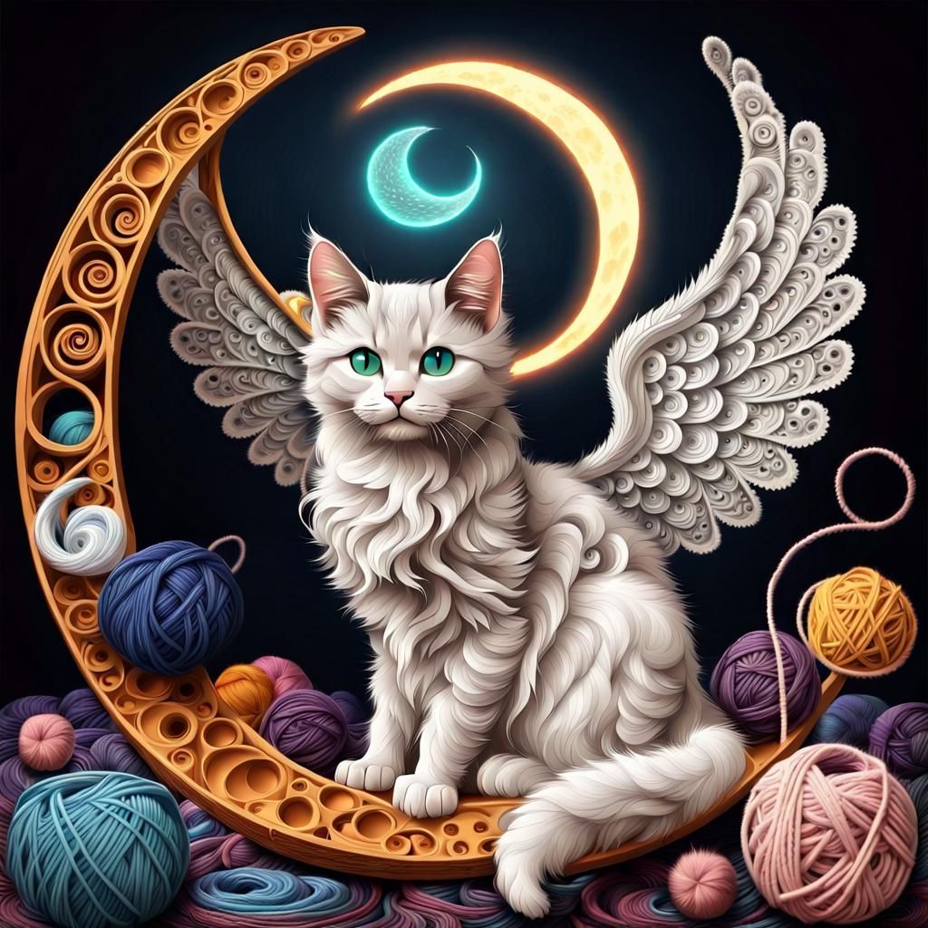Cat on the Moon with Angel Wings, Abstract Render