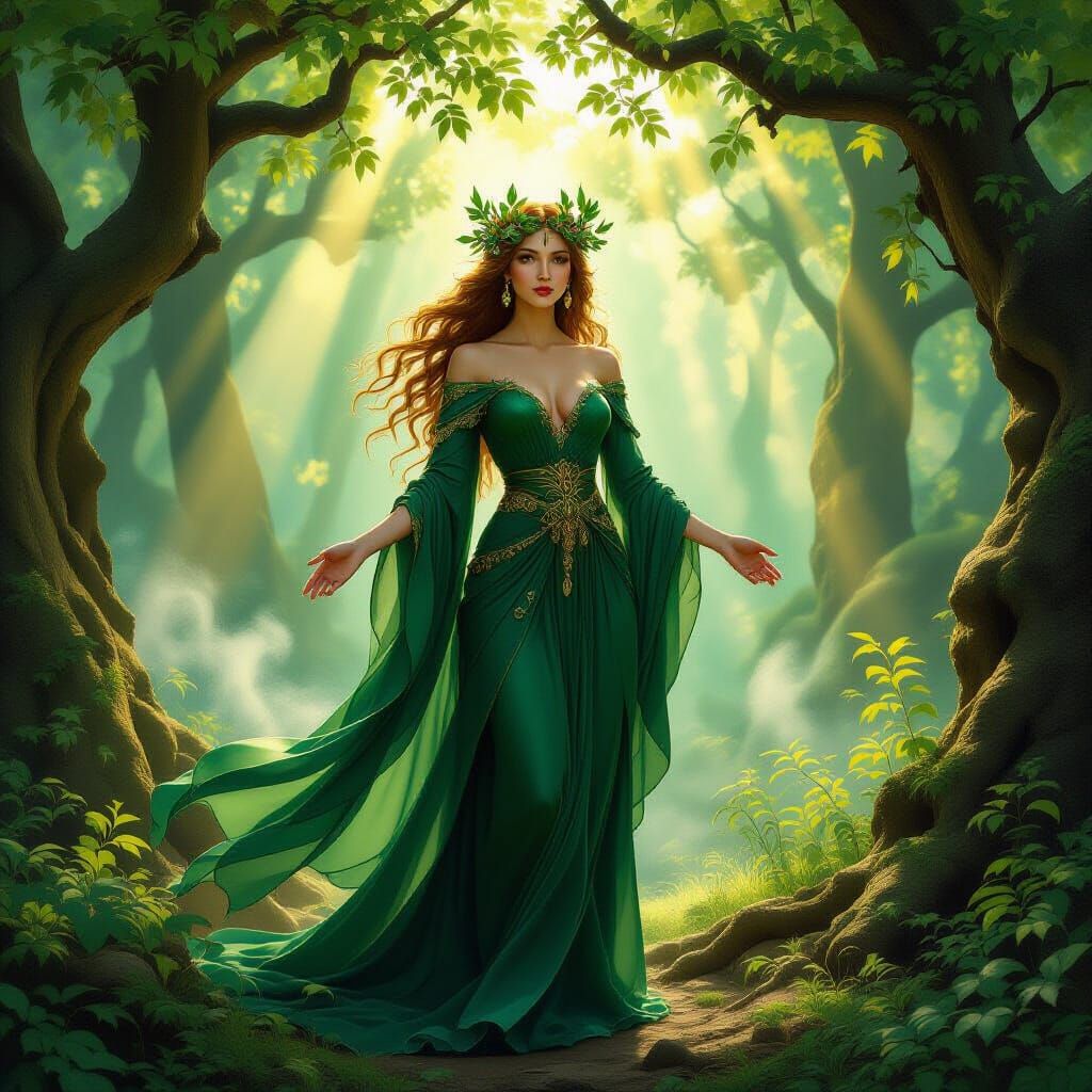 Forest Goddess in Sun-Dappled Ancient Woods