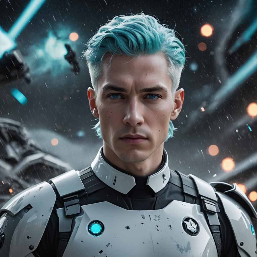 Futuristic Man with Cyan Hair in Galactic Setting
