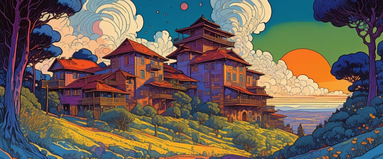 Floating City in Clear Sky with Tropical Plants