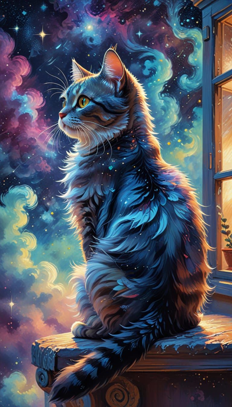Whimsical Cat on Moonlit Balcony in Post-Impressionist Style