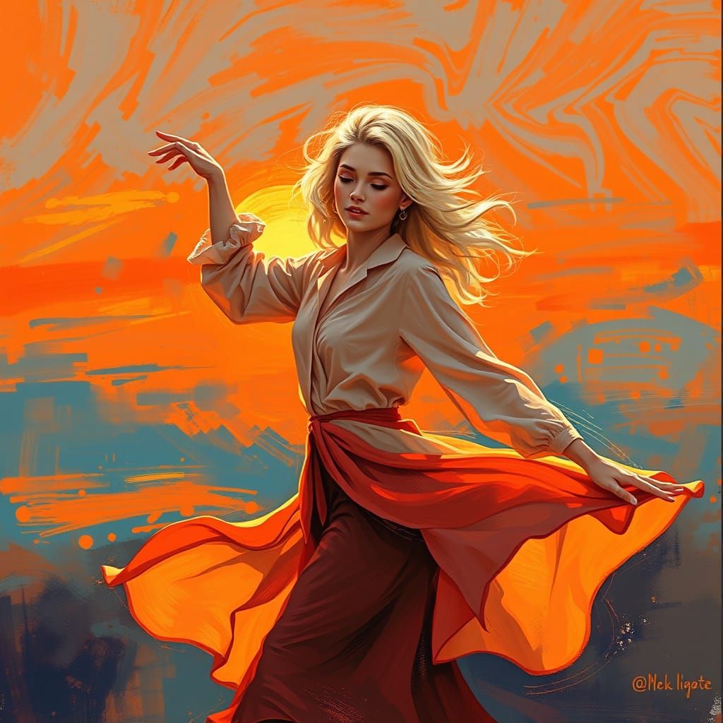 Sunset Dance: Expressive Art of a Woman in Motion