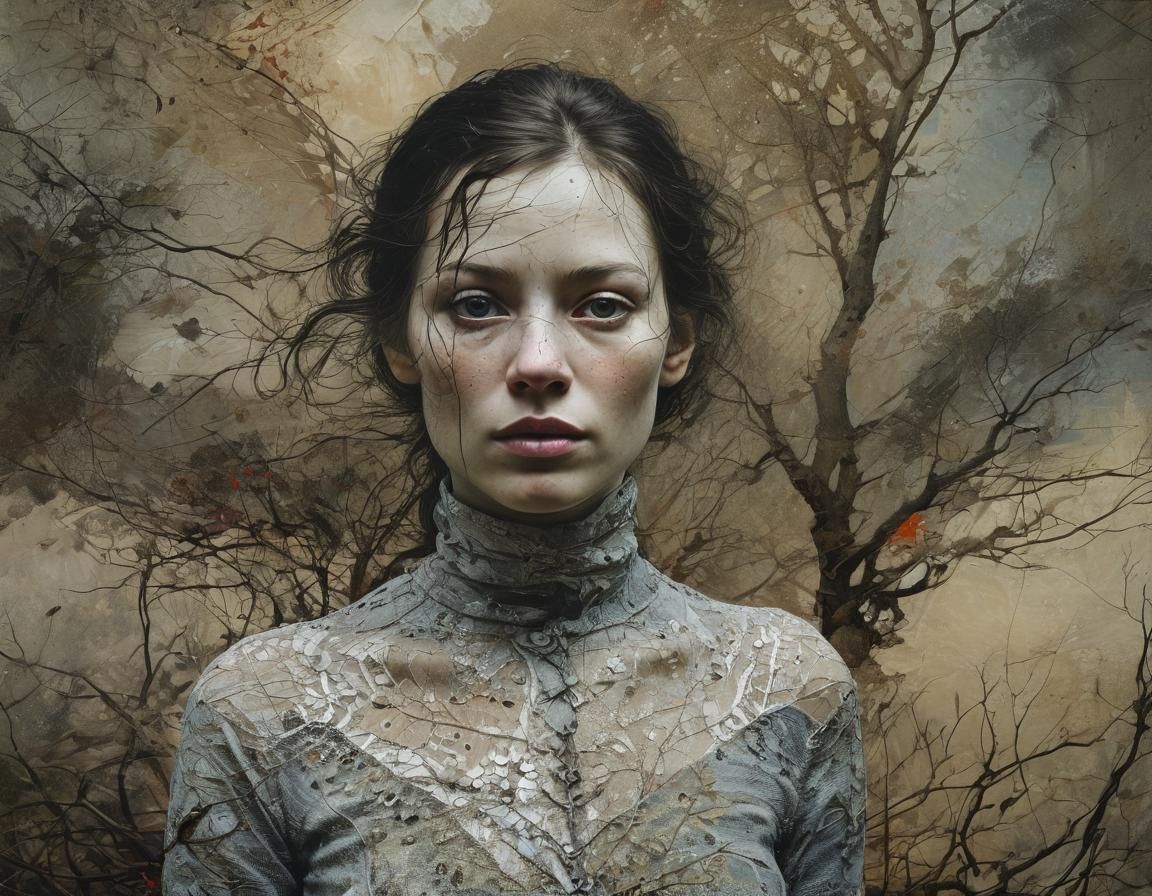 Mystical Woman in Haunting Landscape: Mixed Media Art