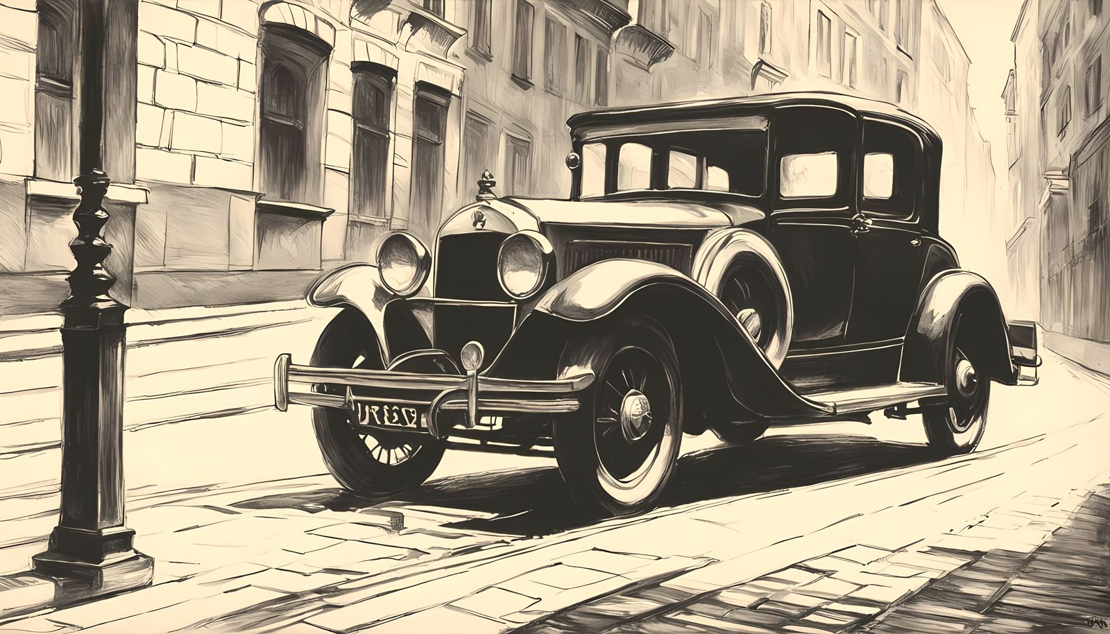 Noir-Inspired Vintage Car Scene on a Cobblestone Street