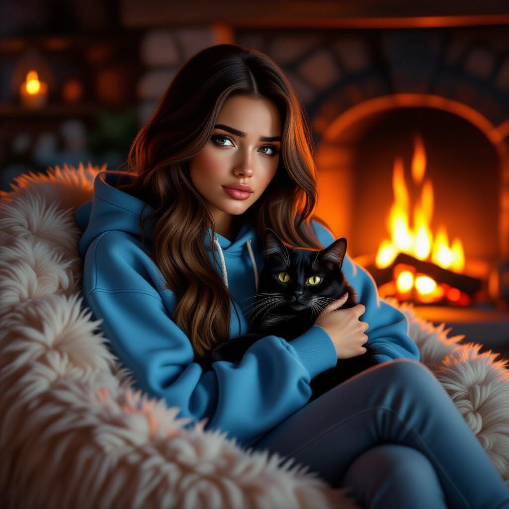 A photorealistic image of a woman, with long brown hair, wea...