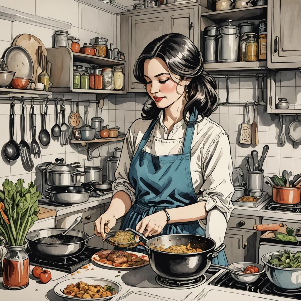 Colorful Ink Drawing of Woman Cooking Dinner