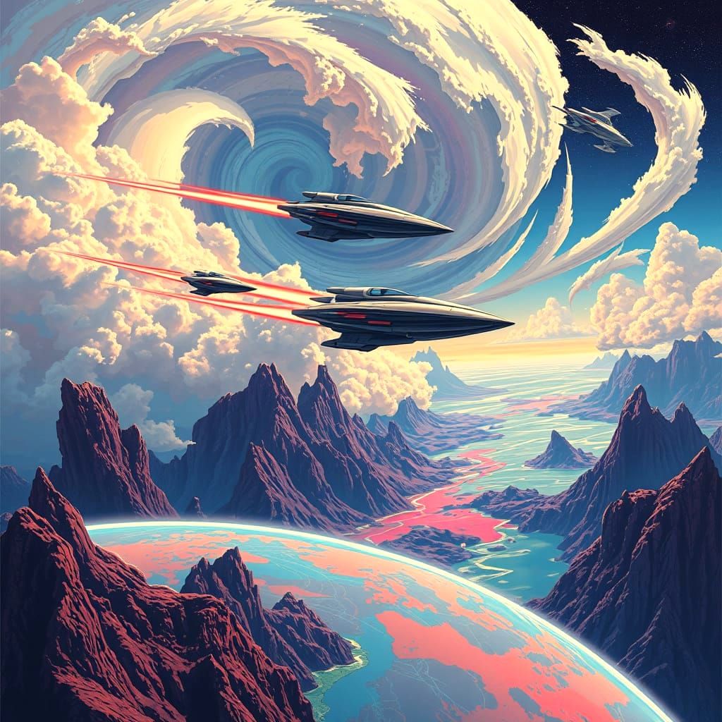SkyFi Spaceship Battle Above a Swirling Cloud Planet