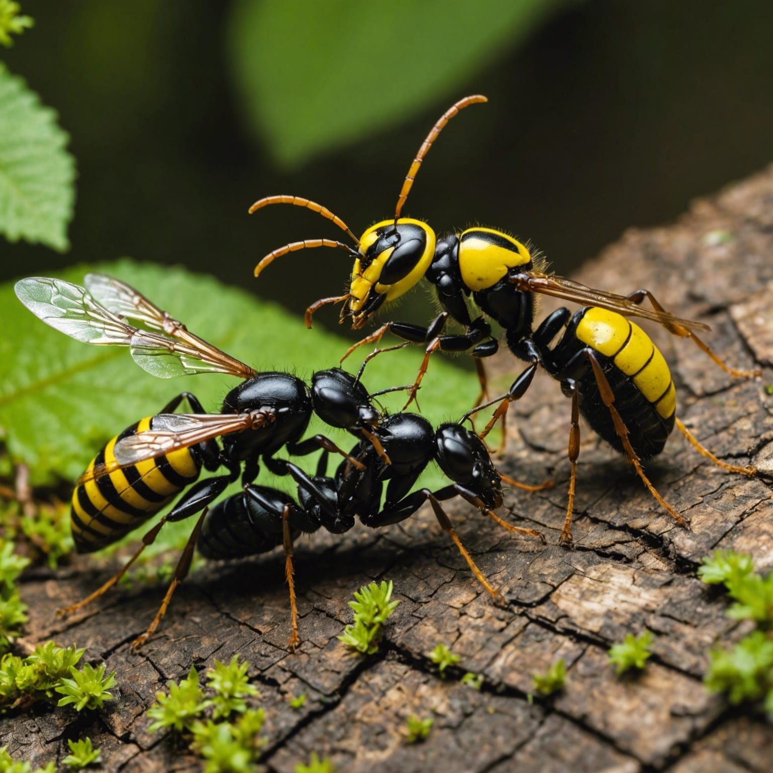 Black Ant Bites Hornet in Forest