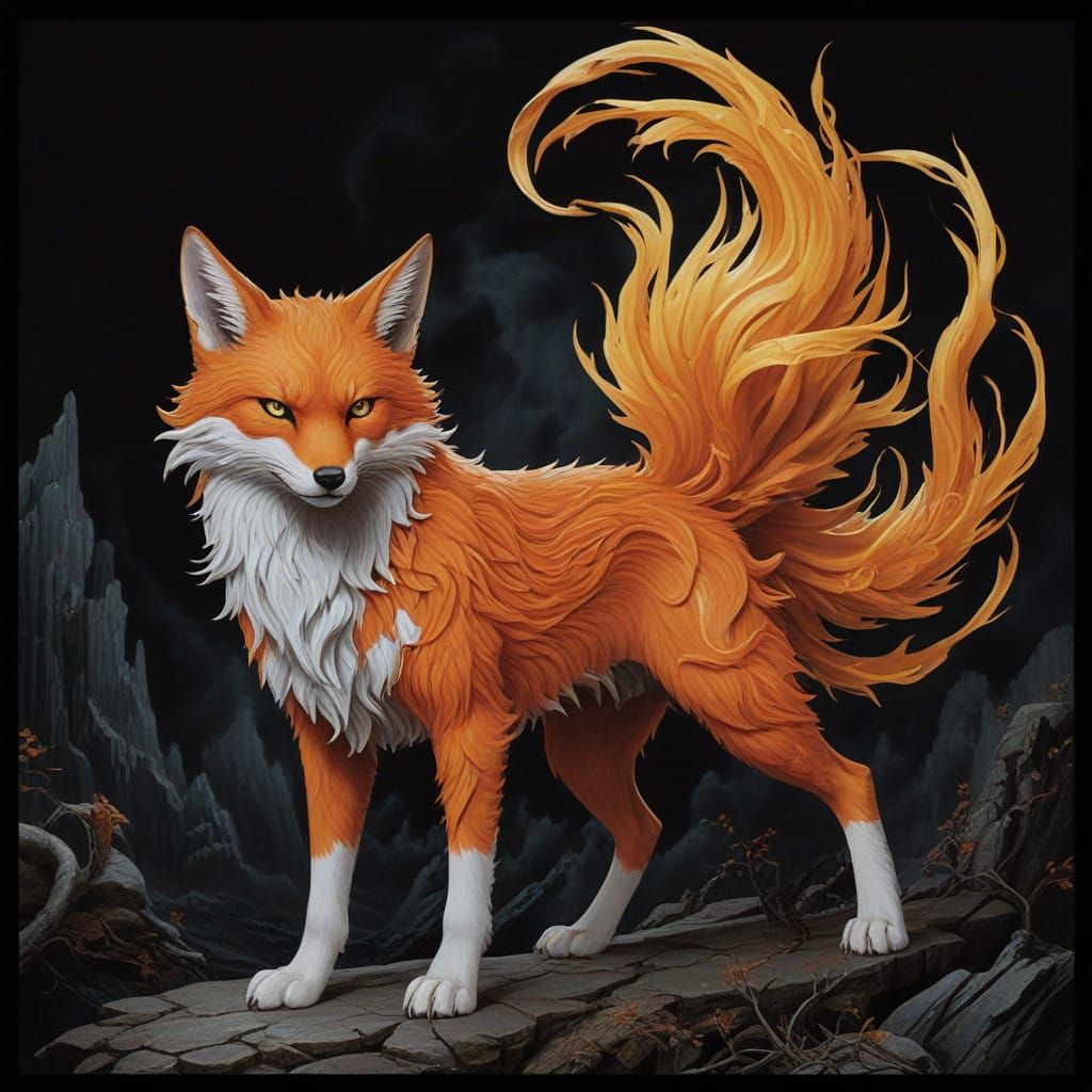 Majestic Nine-Tailed Demon in Dark, Eerie Backdrop