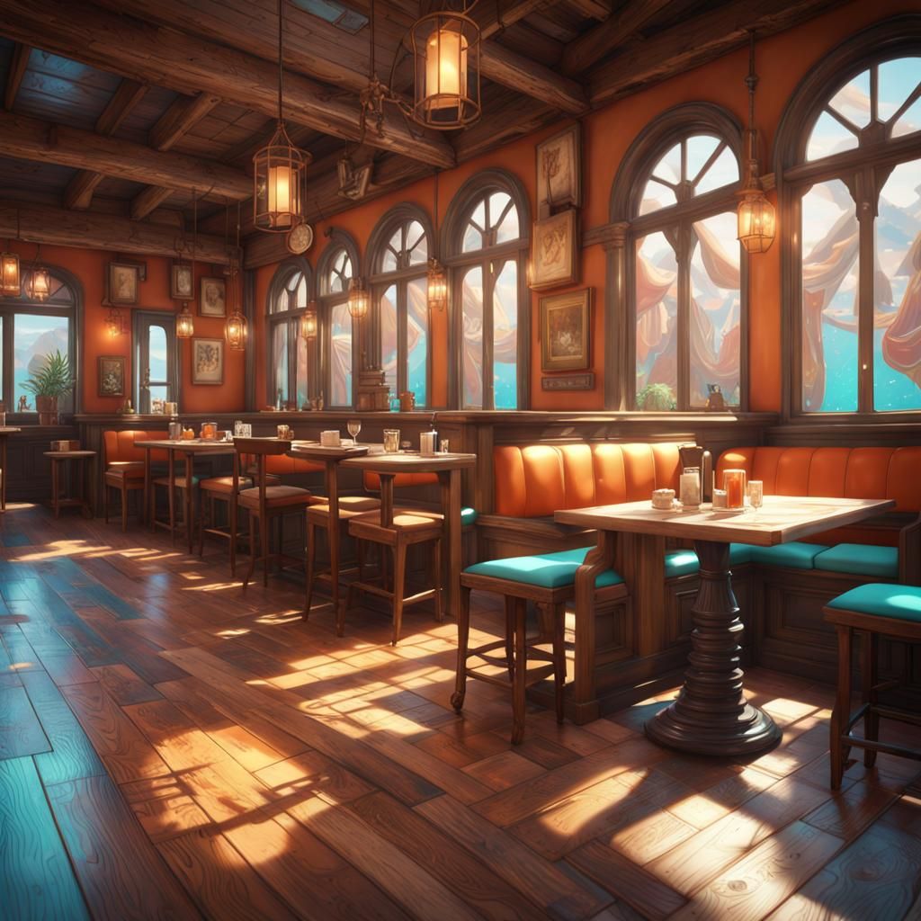 Rustic Cafe Interior with Dynamic Lighting